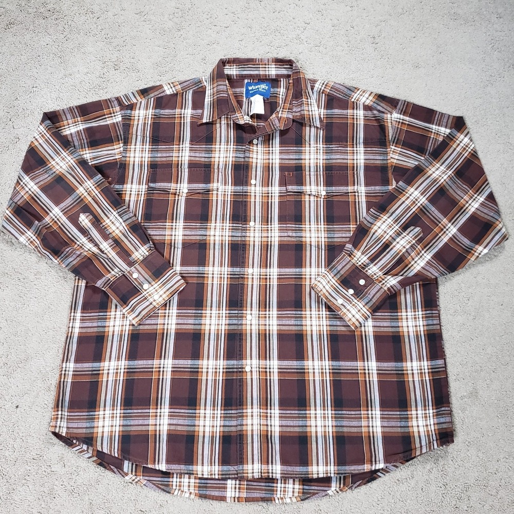 Wrangler Shirt Mens XL Brown Plaid Pearl Snap Vintage Western Long Sleeve Cowboy